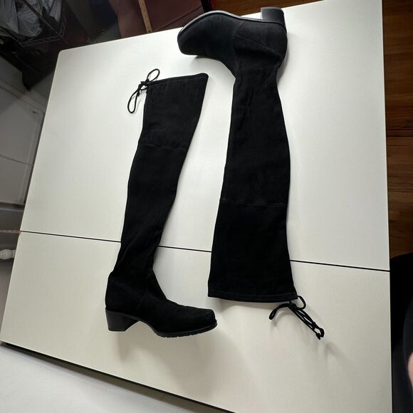 Stuart Weitzman Black Suede Lowland Over-The-Knee Flat Heel Lace up Boots 7 - Picture 7 of 16